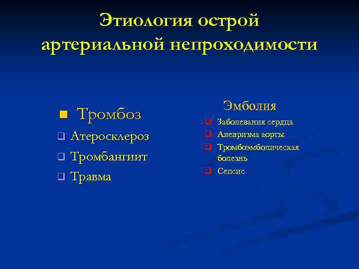 Этиология острой артериальной непроходимости n Тромбоз Атеросклероз q Тромбангиит q Травма q Эмболия q