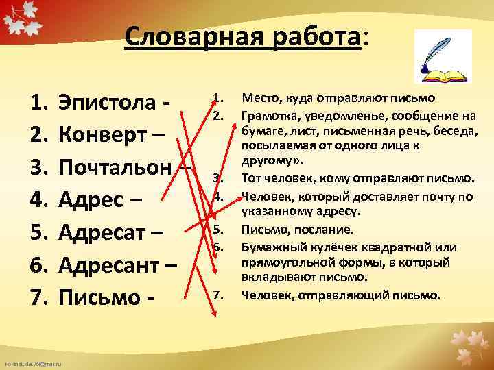 Словарная работа: 1. 2. 3. 4. 5. 6. 7. Эпистола Конверт – Почтальон –