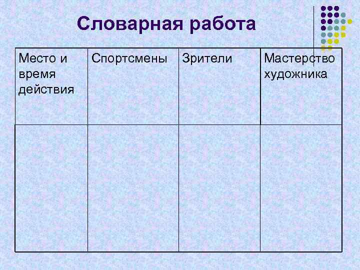 Словарная работа Место и время действия Спортсмены Зрители Мастерство художника 
