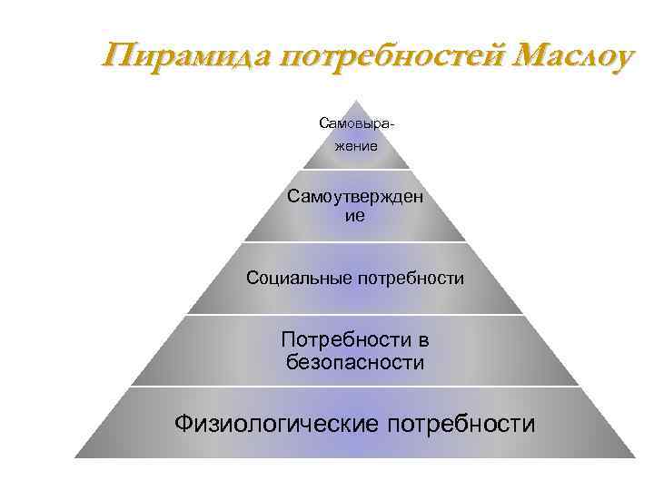 Пирамида потребностей Маслоу Самовыражение Самоутвержден ие Социальные потребности Потребности в безопасности Физиологические потребности 
