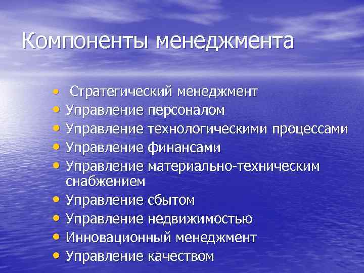 Компоненты менеджмента • Стратегический менеджмент • Управление персоналом • Управление технологическими процессами • Управление