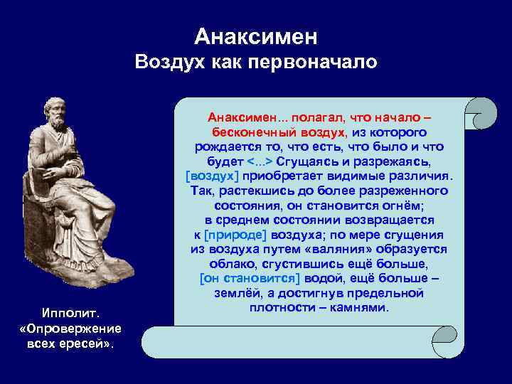 Анаксимен Воздух как первоначало Ипполит. «Опровержение всех ересей» . Анаксимен. . . полагал, что