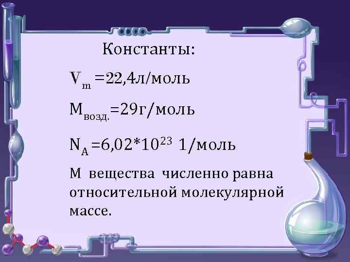 Константы: Vm =22, 4 л/моль Мвозд. =29 г/моль NA =6, 02*1023 1/моль М вещества