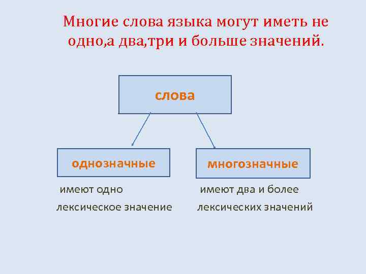 Многие слова языка могут иметь не одно, а два, три и больше значений. слова