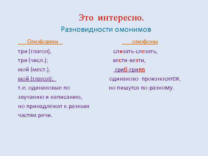 Это интересно. Разновидности омонимов Омоформы три (глагол), три (числ. ); мой (мест. ), мой