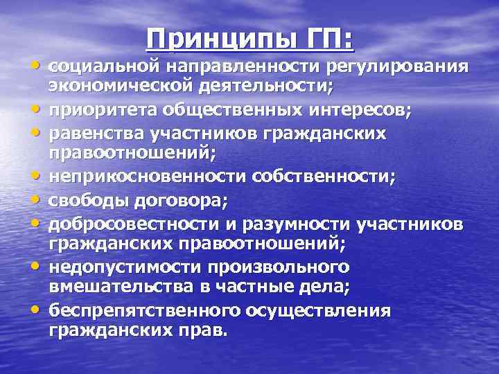 Принципы ГП: • социальной направленности регулирования • • экономической деятельности; приоритета общественных интересов; равенства