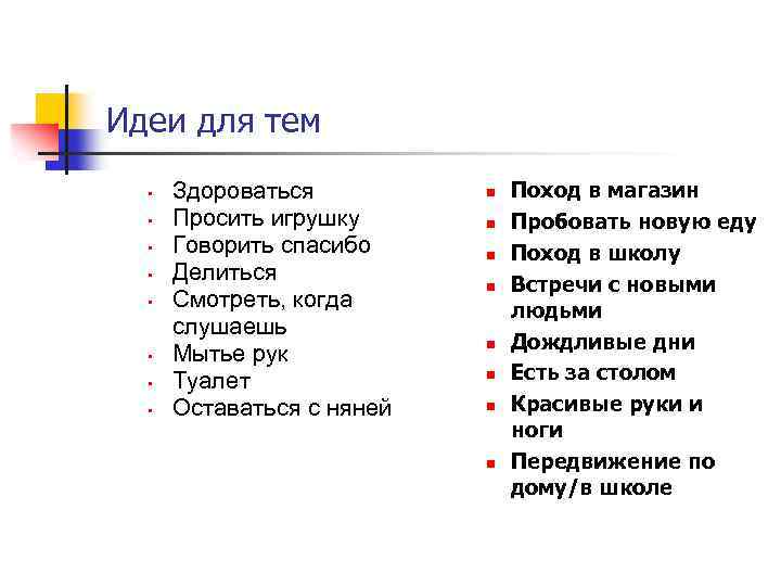 Идеи для тем • • Здороваться Просить игрушку Говорить спасибо Делиться Смотреть, когда слушаешь
