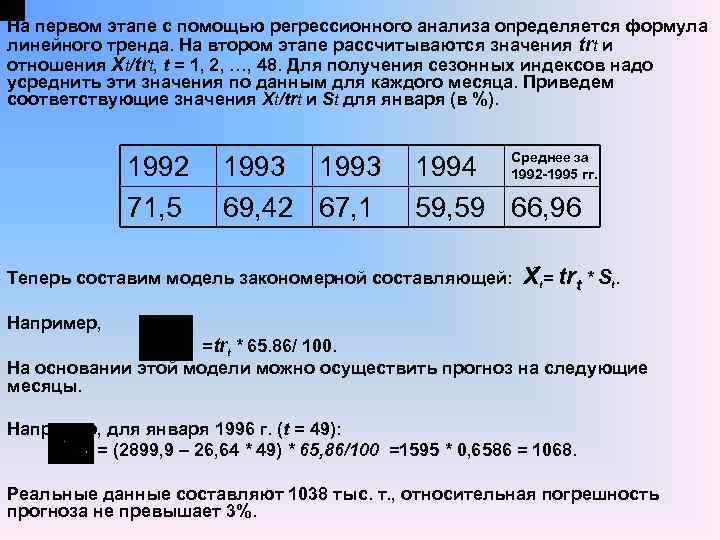 На первом этапе с помощью регрессионного анализа определяется формула линейного тренда. На втором этапе