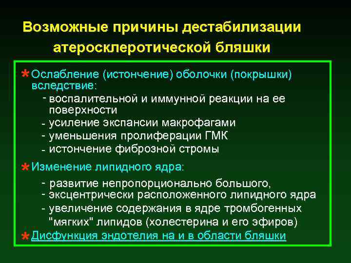 Возможные причины дестабилизации атеросклеротической бляшки * * * Ослабление (истончение) оболочки (покрышки) вследствие: -