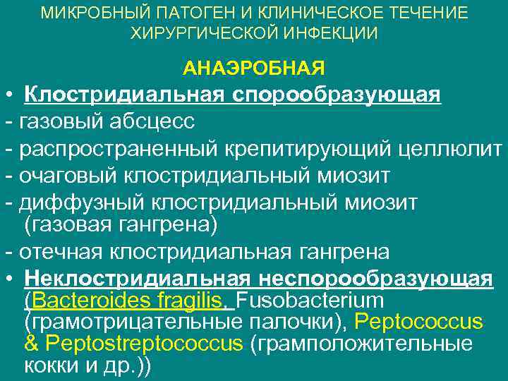 МИКРОБНЫЙ ПАТОГЕН И КЛИНИЧЕСКОЕ ТЕЧЕНИЕ ХИРУРГИЧЕСКОЙ ИНФЕКЦИИ АНАЭРОБНАЯ • Клостридиальная спорообразующая - газовый абсцесс