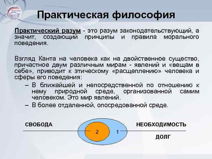 Практическая философия Практический разум - это разум законодательствующий, а значит, создающий принципы и правила