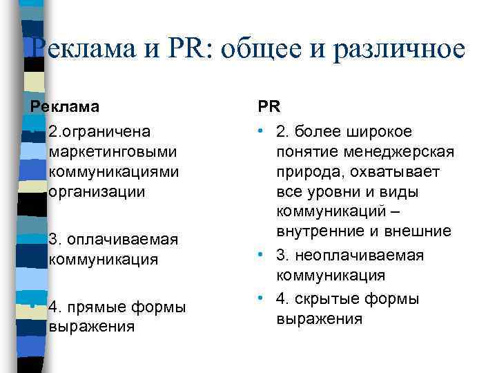 Реклама и PR: общее и различное Реклама PR • 2. ограничена маркетинговыми коммуникациями организации