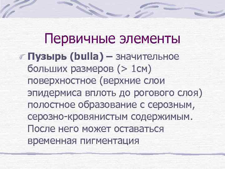 Первичные элементы Пузырь (bulla) – значительное больших размеров (> 1 см) поверхностное (верхние слои