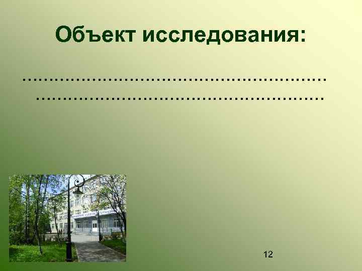 Объект исследования: ………………………… 12 