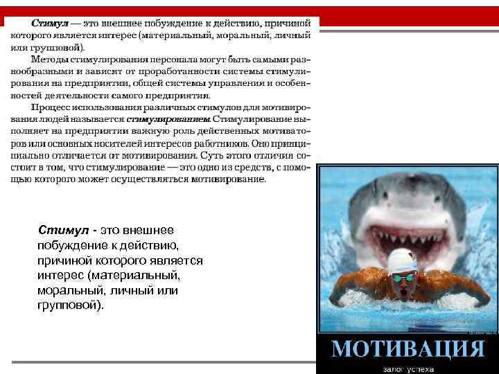 Стимул - это внешнее побуждение к действию, причиной которого является интерес (материальный, моральный, личный