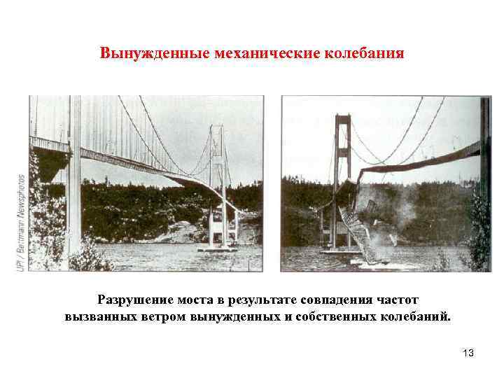 Вынужденные механические колебания Разрушение моста в результате совпадения частот вызванных ветром вынужденных и собственных