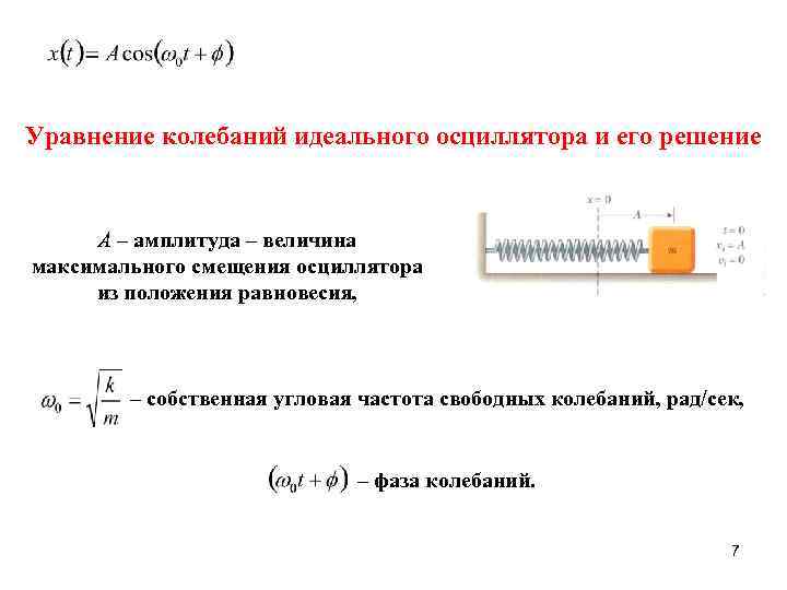 Уравнение колебаний идеального осциллятора и его решение A – амплитуда – величина максимального смещения