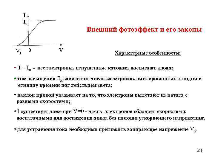 I Iн Vз Внешний фотоэффект и его законы 0 V Характерные особенности: • I