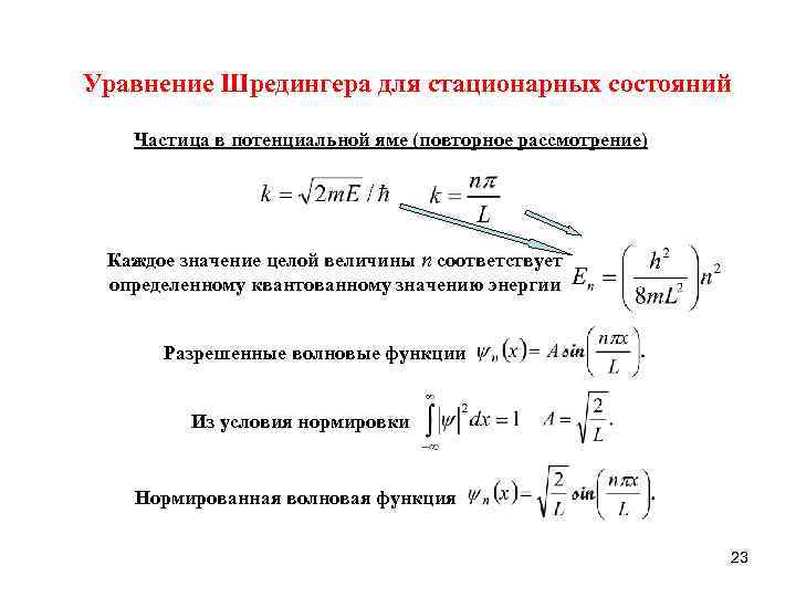 Уравнение Шредингера для стационарных состояний Частица в потенциальной яме (повторное рассмотрение) Каждое значение целой