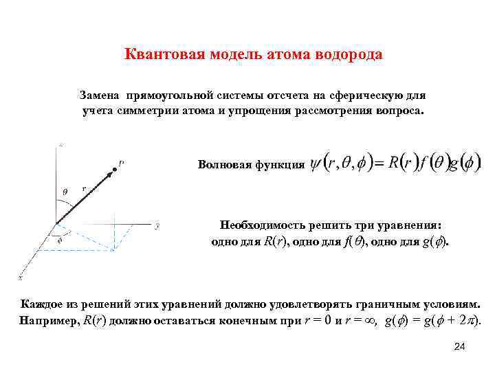 Квантовая модель атома водорода Замена прямоугольной системы отсчета на сферическую для учета симметрии атома
