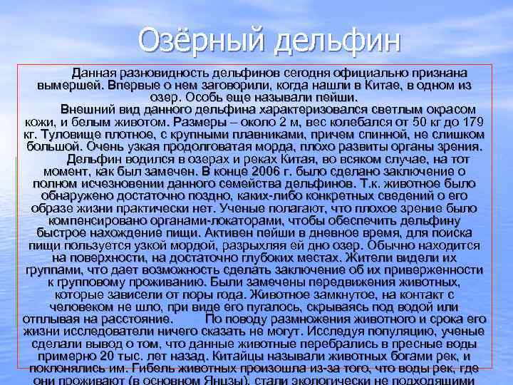 Озёрный дельфин Данная разновидность дельфинов сегодня официально признана вымершей. Впервые о нем заговорили, когда