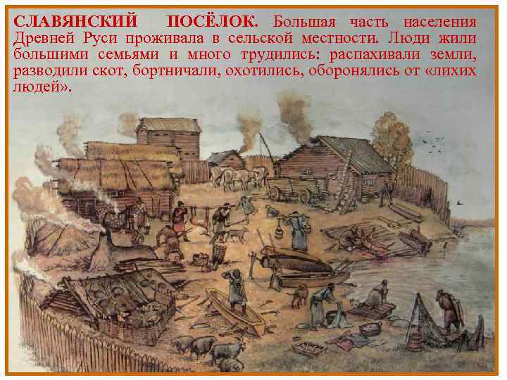 СЛАВЯНСКИЙ ПОСЁЛОК. Большая часть населения Древней Руси проживала в сельской местности. Люди жили большими