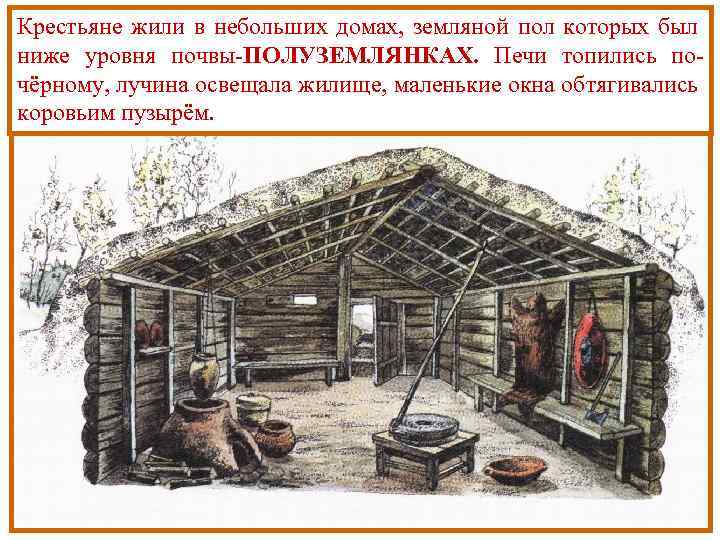 Крестьяне жили в небольших домах, земляной пол которых был ниже уровня почвы-ПОЛУЗЕМЛЯНКАХ. Печи топились