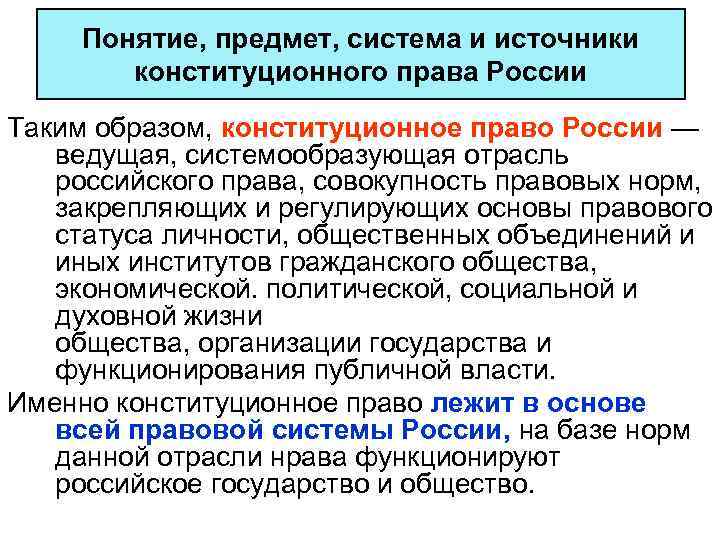 Понятие, предмет, система и источники конституционного права России Таким образом, конституционное право России —