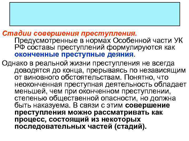 Стадии совершения преступления. Предусмотренные в нормах Особенной части УК РФ составы преступлений формулируются как