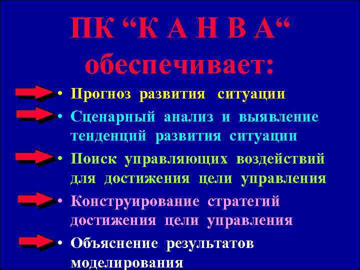 ПК “К А Н В А“ обеспечивает: • Прогноз развития ситуации • Сценарный анализ