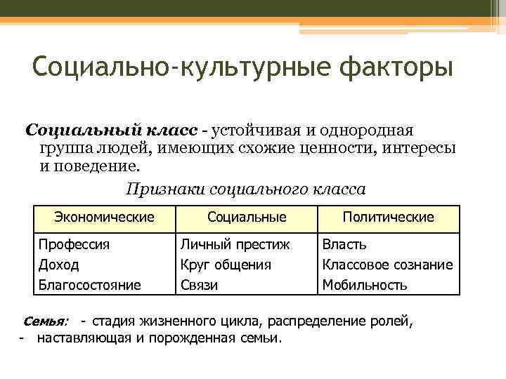 Социально-культурные факторы Социальный класс - устойчивая и однородная группа людей, имеющих схожие ценности, интересы