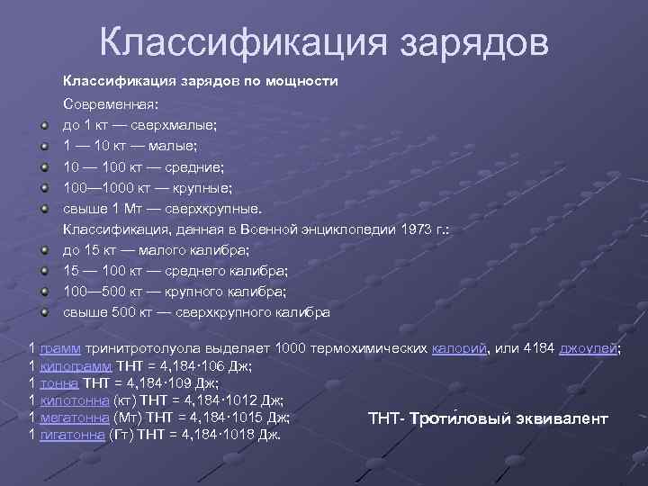 Классификация зарядов по мощности Современная: до 1 кт — сверхмалые; 1 — 10 кт