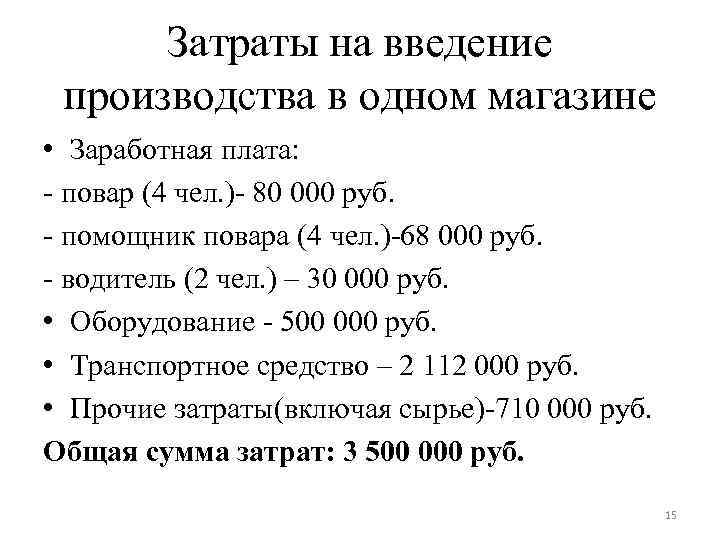 Затраты на введение производства в одном магазине • Заработная плата: - повар (4 чел.