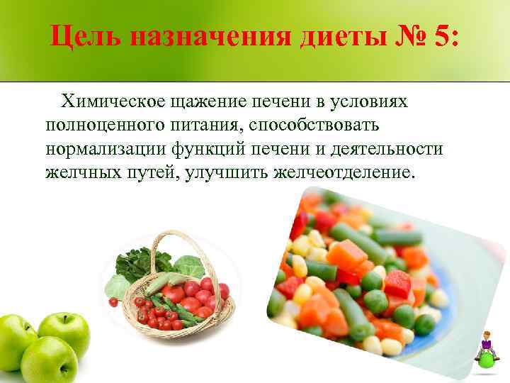 Цель назначения диеты № 5: Химическое щажение печени в условиях полноценного питания, способствовать нормализации