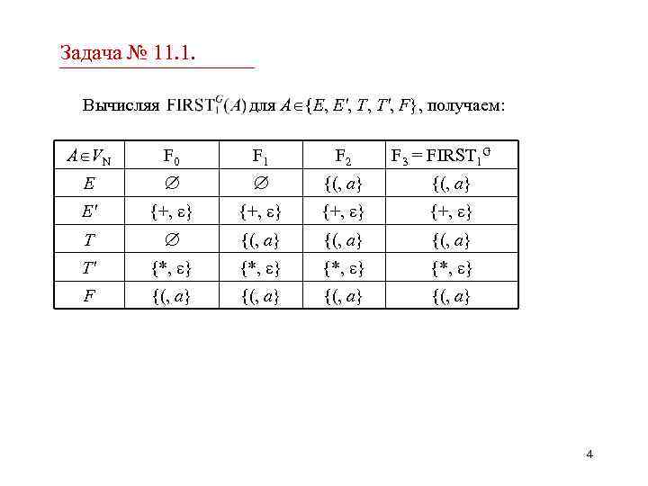 Задача № 11. 1. Вычисляя для A {E, E', T, T', F}, получаем: A