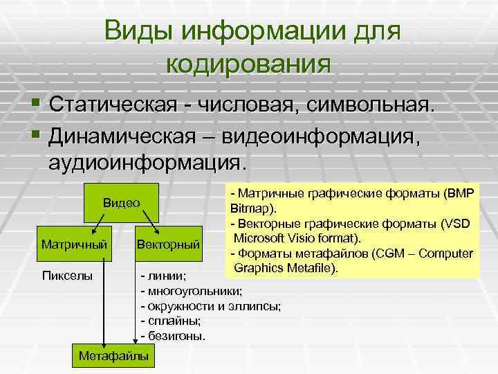 Виды информации для кодирования § Статическая - числовая, символьная. § Динамическая – видеоинформация, аудиоинформация.