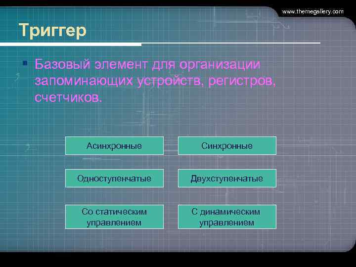 www. themegallery. com Триггер § Базовый элемент для организации запоминающих устройств, регистров, счетчиков. Асинхронные
