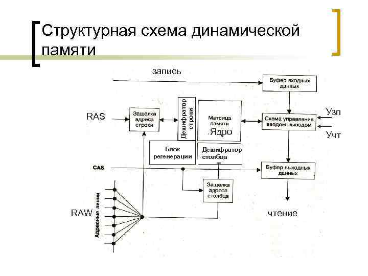 Структурная схема динамической памяти RAS Дешифратор строки запись Блок регенерации RAW Узп Ядро Учт