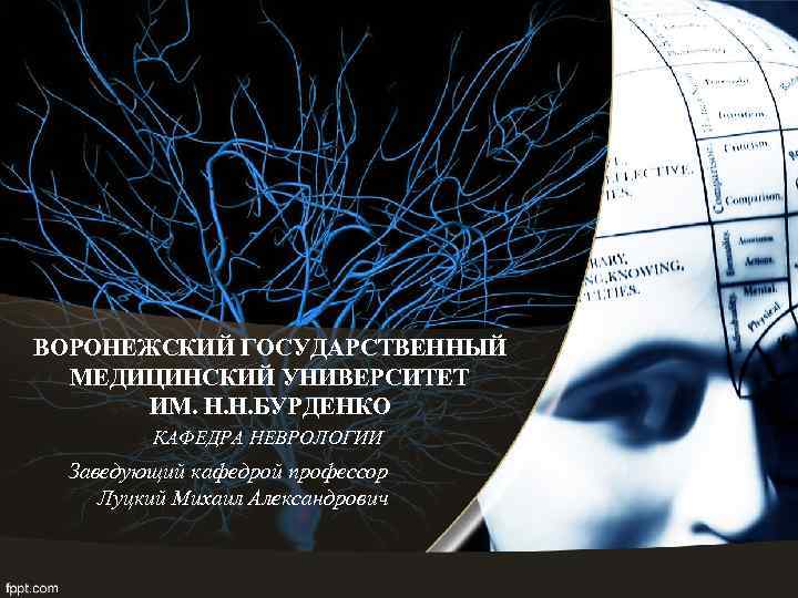 ВОРОНЕЖСКИЙ ГОСУДАРСТВЕННЫЙ МЕДИЦИНСКИЙ УНИВЕРСИТЕТ ИМ. Н. Н. БУРДЕНКО КАФЕДРА НЕВРОЛОГИИ Заведующий кафедрой профессор Луцкий