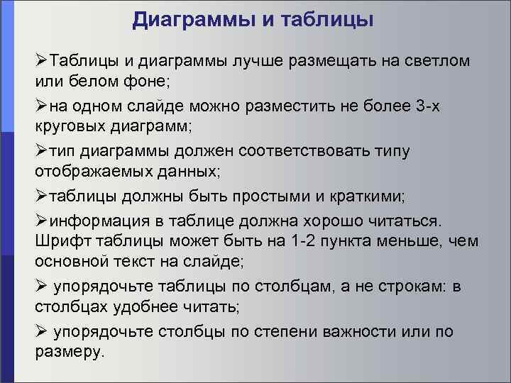 Диаграммы и таблицы Таблицы и диаграммы лучше размещать на светлом или белом фоне; на
