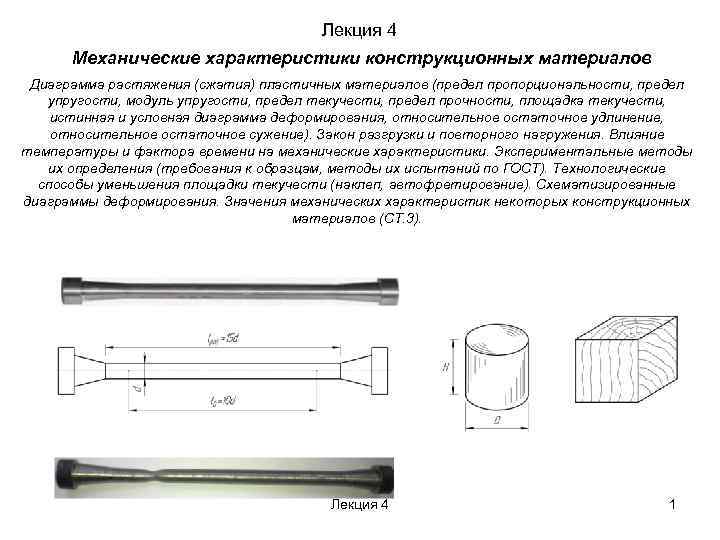 Лекция 4 Механические характеристики конструкционных материалов Диаграмма растяжения (сжатия) пластичных материалов (предел пропорциональности, предел