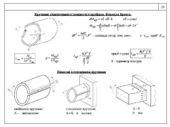 10 Кручение тонкостенного замкнутого профиля. Формула Бредта. Понятие о стесненном кручении 
