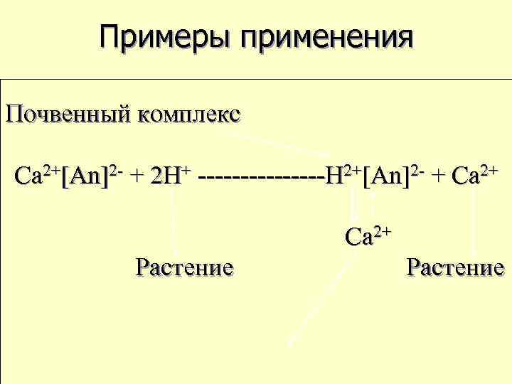 Примеры применения Почвенный комплекс Ca 2+[An]2 - + 2 H+ --------H 2+[An]2 - +