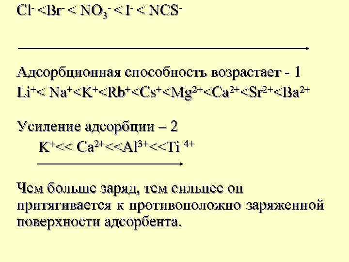 Cl- <Br- < NO 3 - < I- < NCS- Адсорбционная способность возрастает -