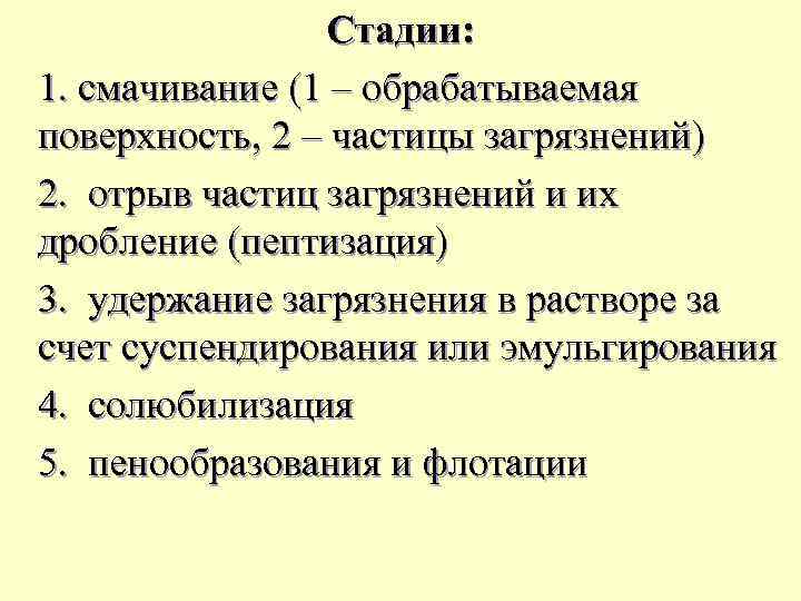 Стадии: 1. смачивание (1 – обрабатываемая поверхность, 2 – частицы загрязнений) 2. отрыв частиц