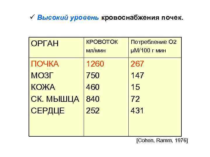 ü Высокий уровень кровоснабжения почек. ОРГАН КРОВОТОК мл/мин Потребление О 2 µМ/100 г мин