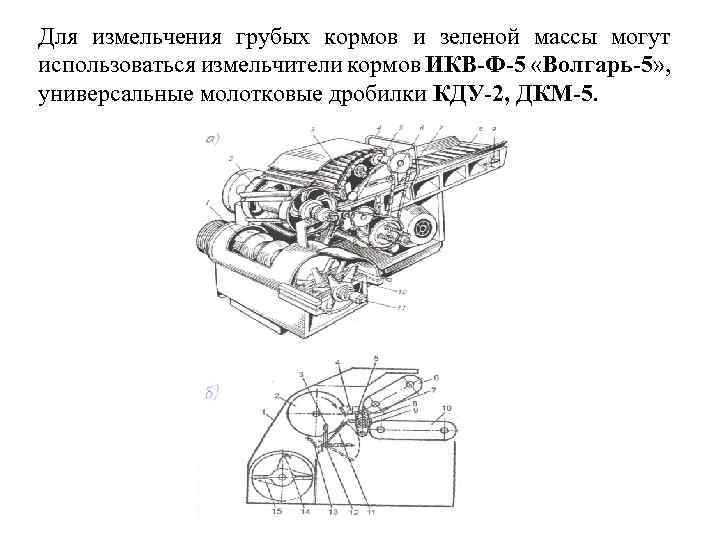 Для измельчения грубых кормов и зеленой массы могут использоваться измельчители кормов ИКВ-Ф-5 «Волгарь-5» ,
