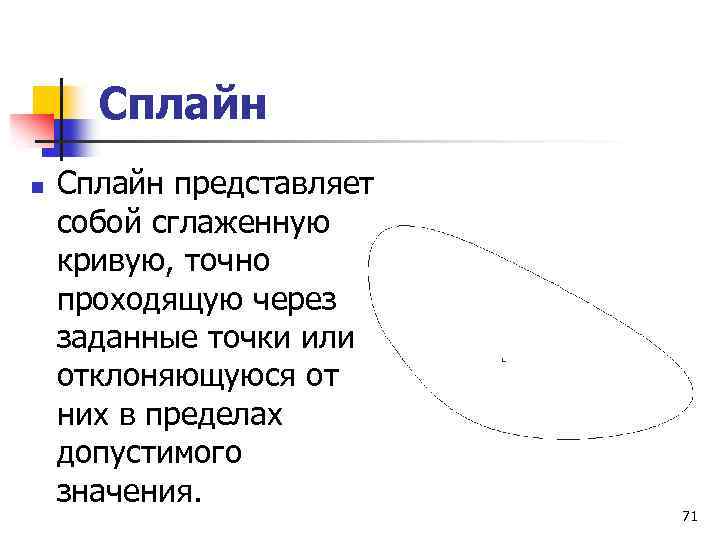 Сплайн n Сплайн представляет собой сглаженную кривую, точно проходящую через заданные точки или отклоняющуюся