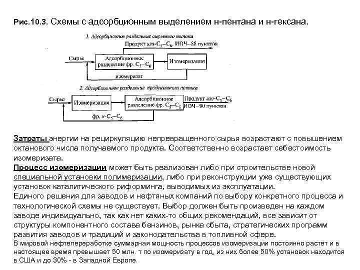 Рис. 10. 3. Схемы с адсорбционным выделением н-пентана и н-гексана. Затраты энергии на рециркуляцию