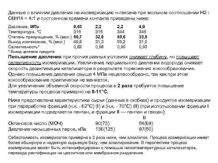 Данные о влиянии давления на изомеризацию н-гексана при мольном соотношении Н 2 : С